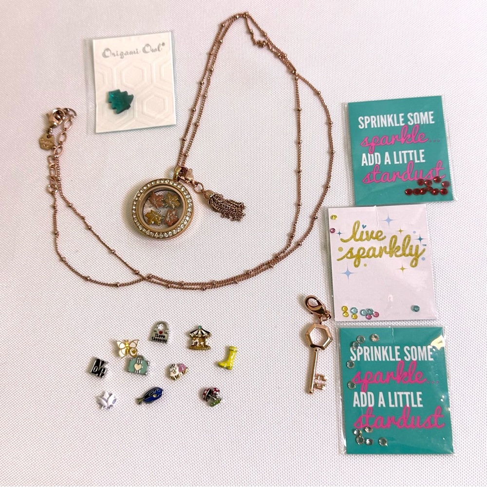 Origami Owl Rose Gold Medium Locket Necklace Set NWOT Fall Autumn Themed